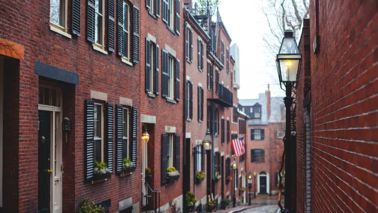 Beacon Hill Brick Brownstone Cobblestone Street.